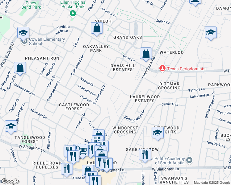 map of restaurants, bars, coffee shops, grocery stores, and more near 9005 Sedgemoor Trail in Austin