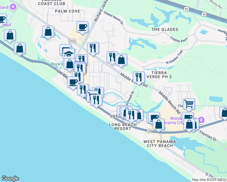 map of restaurants, bars, coffee shops, grocery stores, and more near 174 White Sandy Drive in Panama City Beach