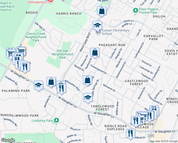 map of restaurants, bars, coffee shops, grocery stores, and more near 9612 Sugar Hill Drive in Austin