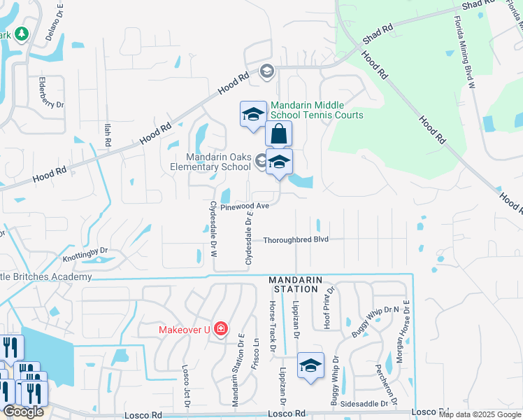 map of restaurants, bars, coffee shops, grocery stores, and more near 10701 Clydesdale Drive East in Jacksonville
