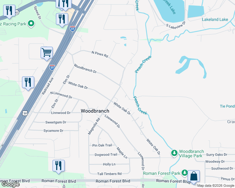 map of restaurants, bars, coffee shops, grocery stores, and more near 48 Magnolia Road in New Caney