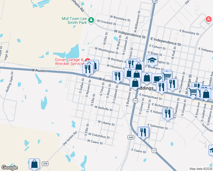 map of restaurants, bars, coffee shops, grocery stores, and more near 509 West Hempstead Street in Giddings