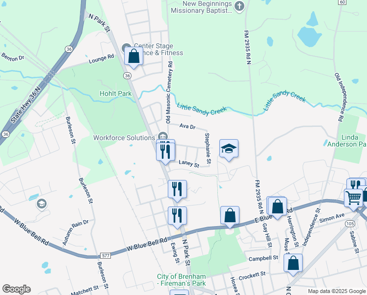 map of restaurants, bars, coffee shops, grocery stores, and more near 1711 Dempsey St in Brenham