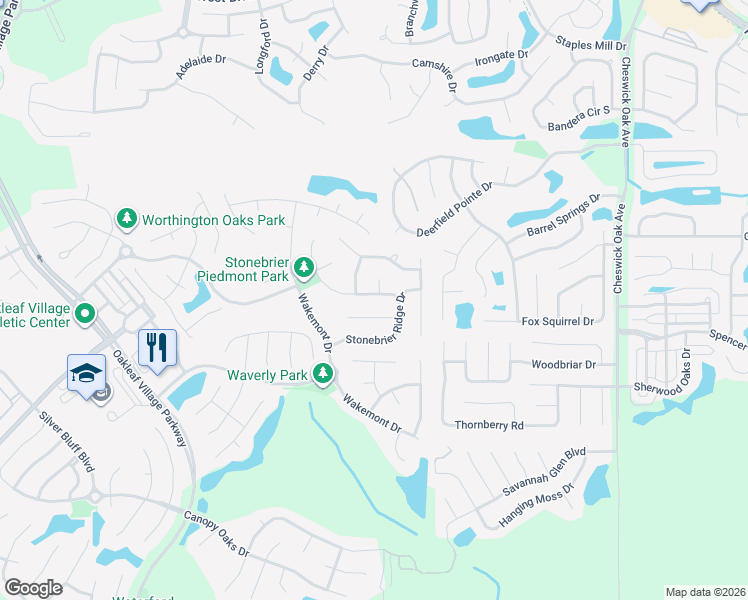 map of restaurants, bars, coffee shops, grocery stores, and more near 2917 Thorncrest Drive in Orange Park