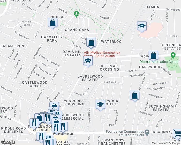 map of restaurants, bars, coffee shops, grocery stores, and more near 8820 Frock Court in Austin