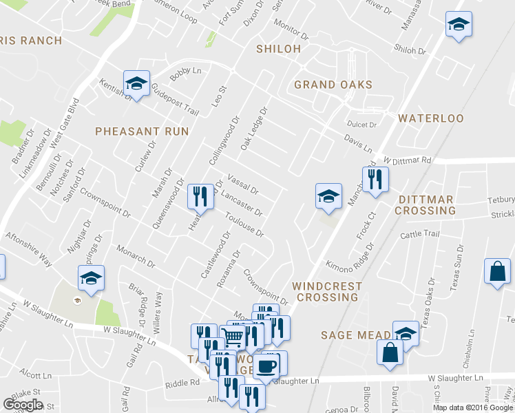 map of restaurants, bars, coffee shops, grocery stores, and more near 2304 Lancaster Drive in Austin