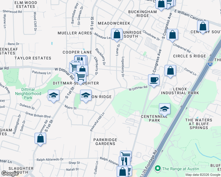 map of restaurants, bars, coffee shops, grocery stores, and more near 406 West Dittmar Road in Austin