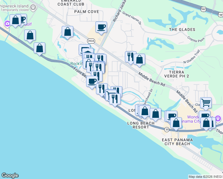 map of restaurants, bars, coffee shops, grocery stores, and more near 128 Robin Lane in Panama City Beach