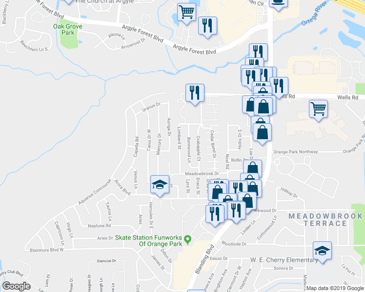 map of restaurants, bars, coffee shops, grocery stores, and more near 467 Lombard Street in Orange Park