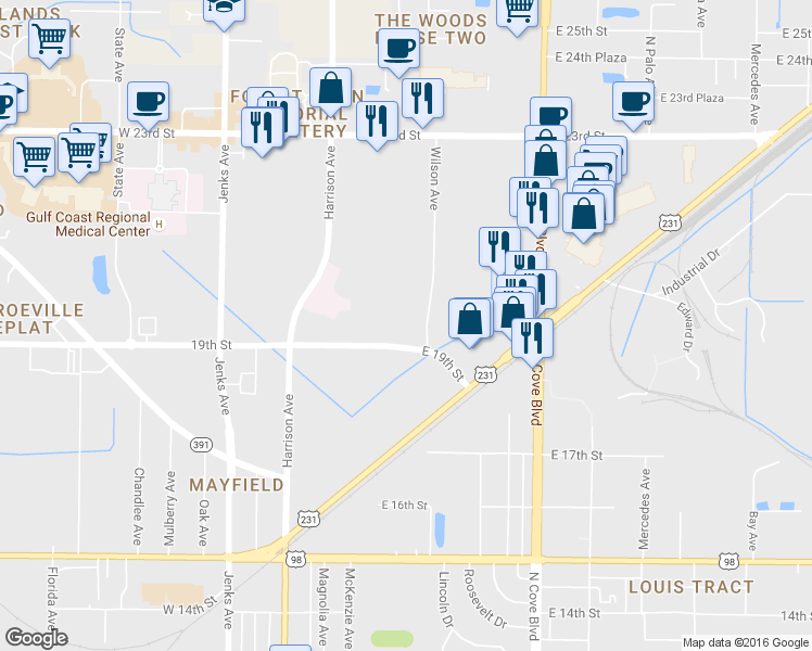 map of restaurants, bars, coffee shops, grocery stores, and more near 425 East 19th Street in Panama City