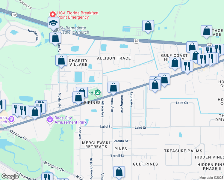 map of restaurants, bars, coffee shops, grocery stores, and more near 8821 Front Beach Road in Panama City