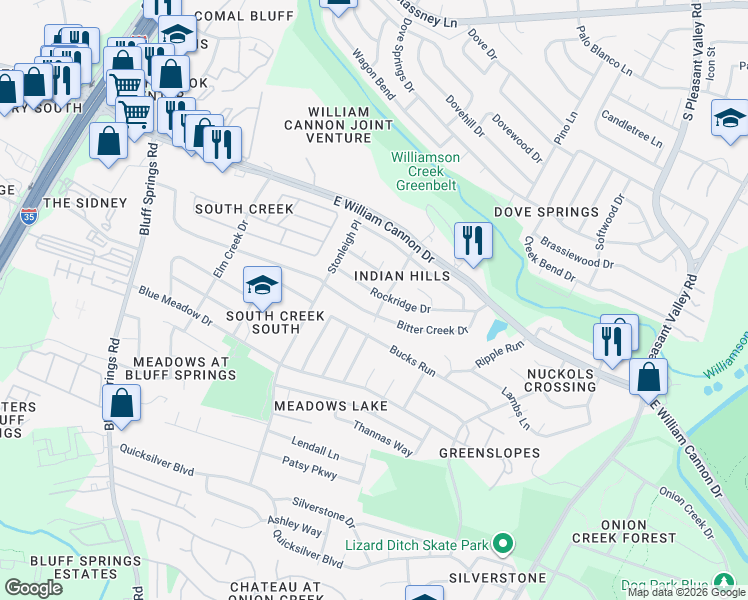 map of restaurants, bars, coffee shops, grocery stores, and more near 2401 Rockridge Drive in Austin