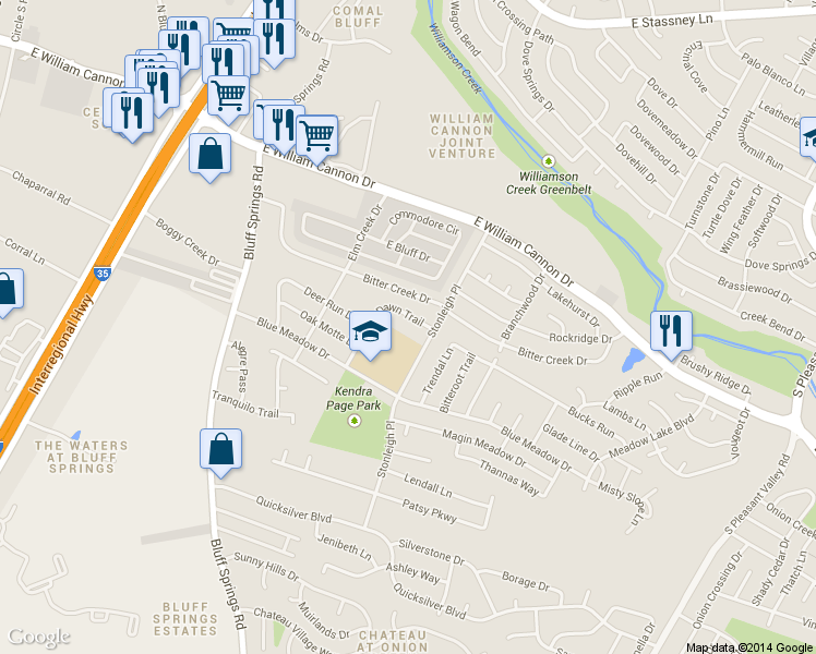 map of restaurants, bars, coffee shops, grocery stores, and more near 6813B Blue Dawn Trail in Austin