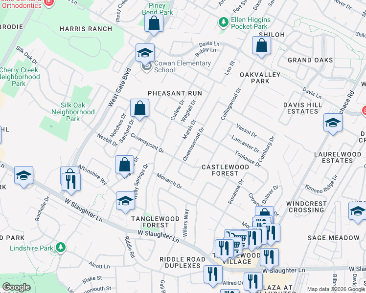 map of restaurants, bars, coffee shops, grocery stores, and more near 9306 Queenswood Drive in Austin