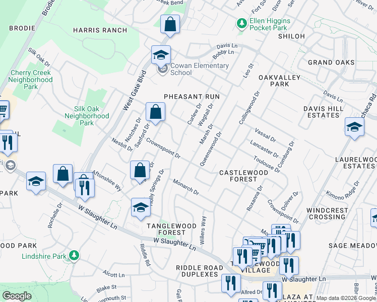 map of restaurants, bars, coffee shops, grocery stores, and more near 2605 Gadwall Cove in Austin