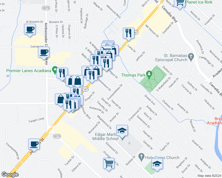 map of restaurants, bars, coffee shops, grocery stores, and more near 213 Genevieve Drive in Lafayette