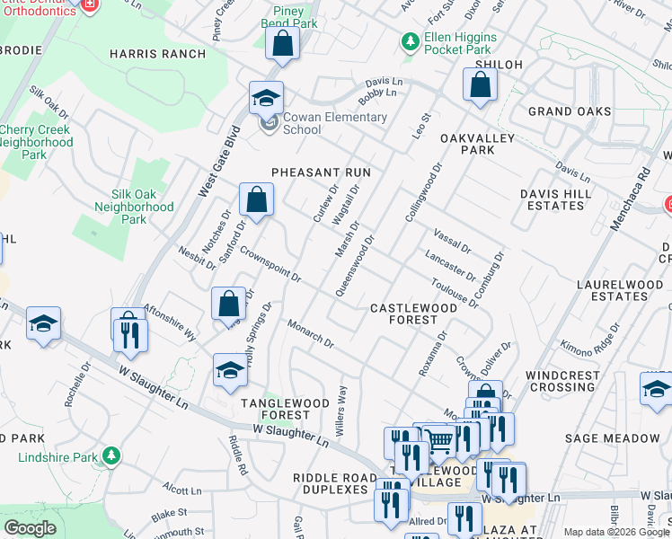 map of restaurants, bars, coffee shops, grocery stores, and more near 9306 Queenswood Drive in Austin