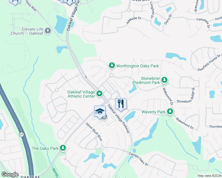map of restaurants, bars, coffee shops, grocery stores, and more near 3400 Biltmore Way in Orange Park