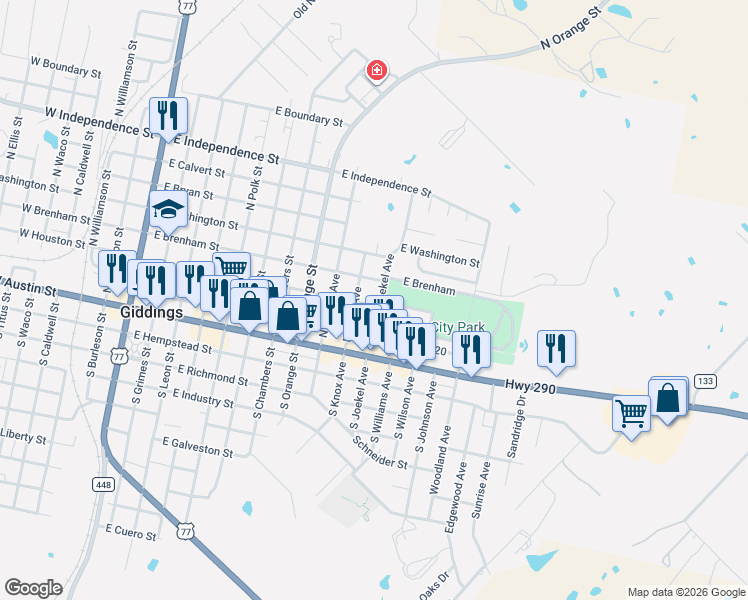 map of restaurants, bars, coffee shops, grocery stores, and more near 1077 East Houston Street in Giddings