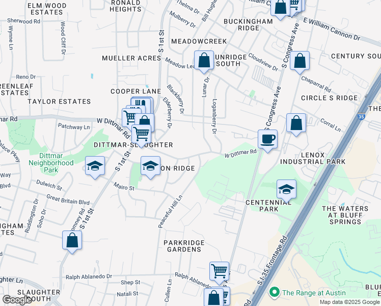 map of restaurants, bars, coffee shops, grocery stores, and more near 406 West Dittmar Road in Austin