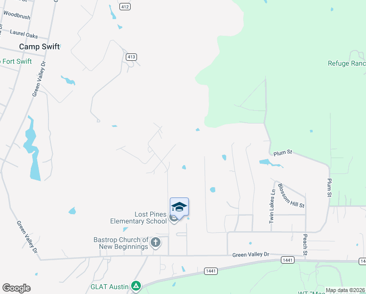 map of restaurants, bars, coffee shops, grocery stores, and more near 135 Crenshaw Lane in Bastrop