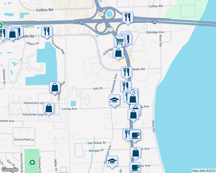 map of restaurants, bars, coffee shops, grocery stores, and more near 525 Ash Street in Orange Park