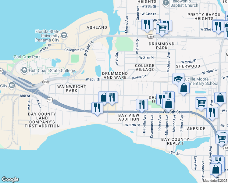 map of restaurants, bars, coffee shops, grocery stores, and more near 4302 West 19th Street in Panama City