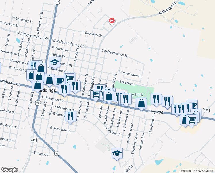 map of restaurants, bars, coffee shops, grocery stores, and more near 1077 East Houston Street in Giddings