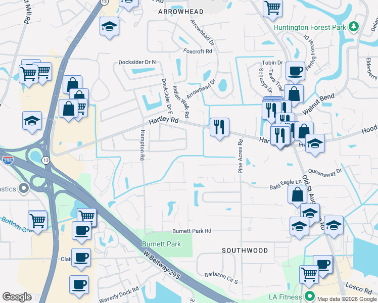 map of restaurants, bars, coffee shops, grocery stores, and more near 3696 Ballestero Drive South in Jacksonville