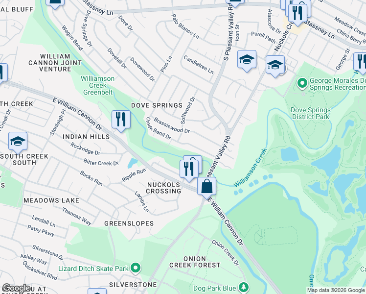 map of restaurants, bars, coffee shops, grocery stores, and more near 4809 Creek Bend Drive in Austin