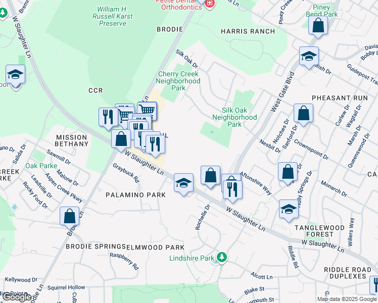 map of restaurants, bars, coffee shops, grocery stores, and more near 3226 West Slaughter Lane in Austin