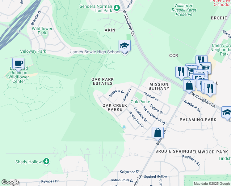 map of restaurants, bars, coffee shops, grocery stores, and more near 4013 Shavano Drive in Austin