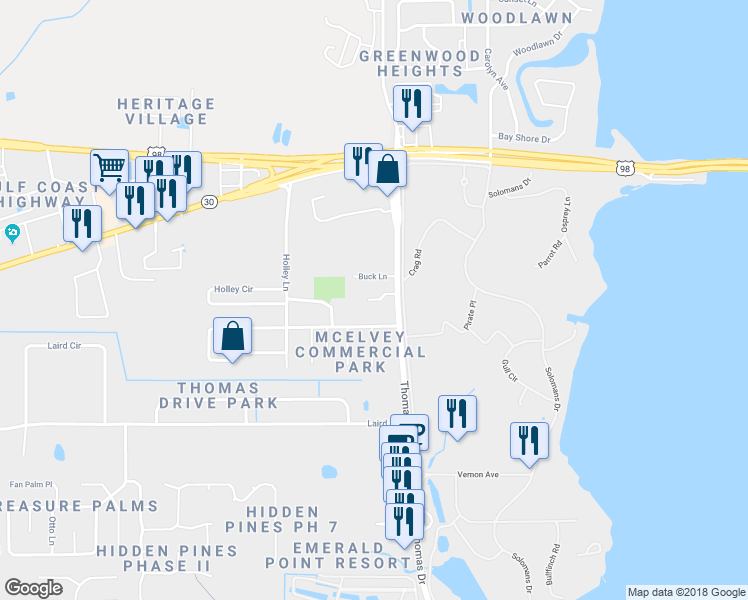 map of restaurants, bars, coffee shops, grocery stores, and more near 7228 Quail Hollow Drive in Panama City