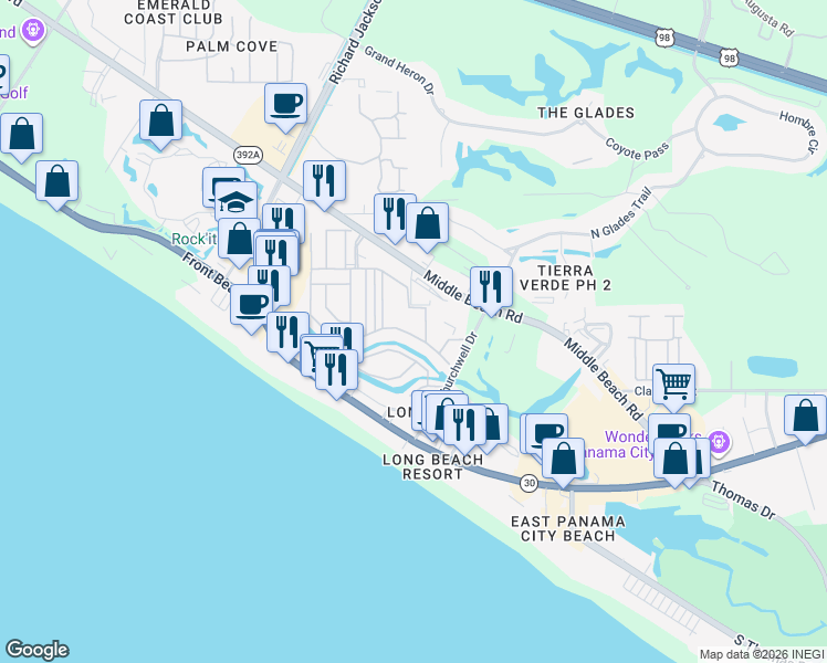 map of restaurants, bars, coffee shops, grocery stores, and more near 174 White Sandy Drive in Panama City Beach