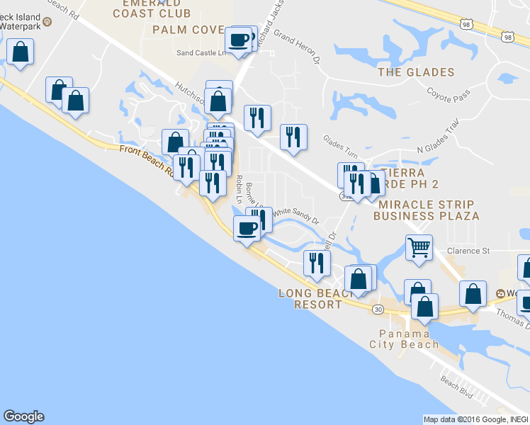map of restaurants, bars, coffee shops, grocery stores, and more near 100 Gulf Highland Boulevard in Panama City Beach