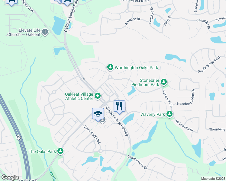 map of restaurants, bars, coffee shops, grocery stores, and more near 3400 Biltmore Way in Orange Park