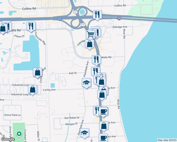 map of restaurants, bars, coffee shops, grocery stores, and more near 535 Plainfield Avenue in Orange Park