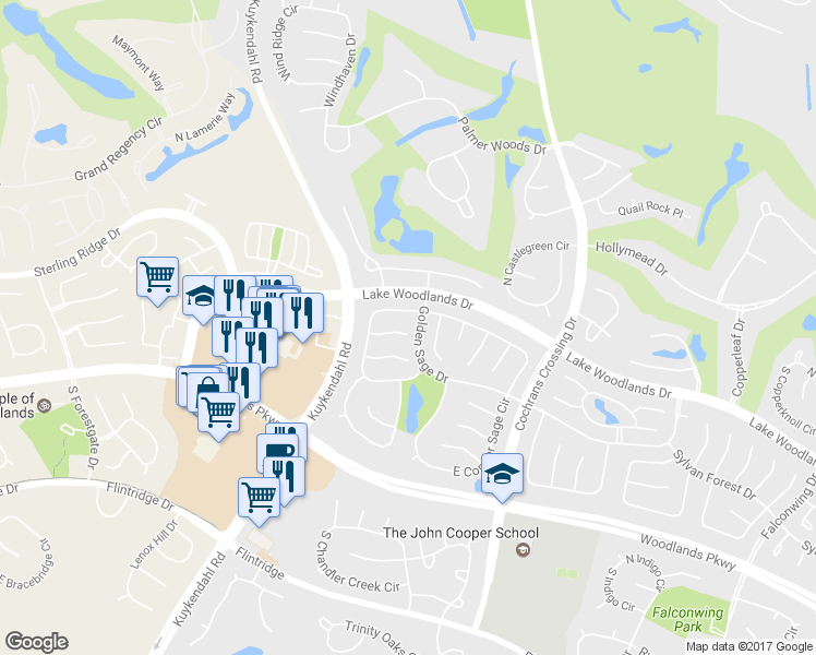 map of restaurants, bars, coffee shops, grocery stores, and more near 6 Grey Birch Place in Spring