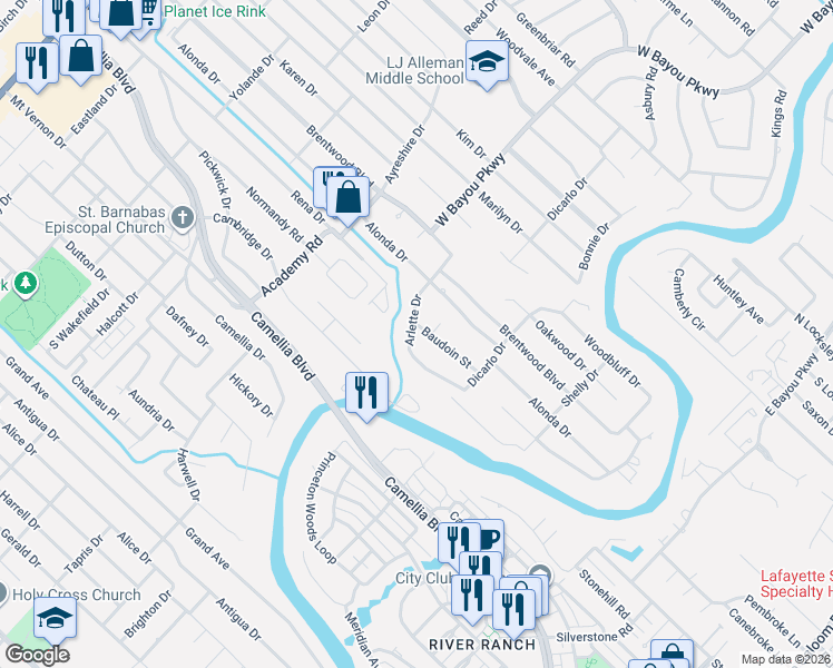 map of restaurants, bars, coffee shops, grocery stores, and more near 123 Baudoin Street in Lafayette