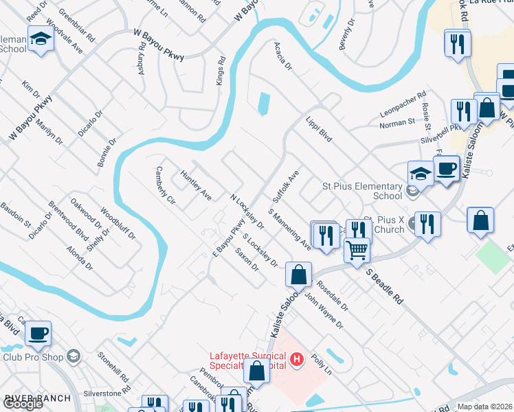 map of restaurants, bars, coffee shops, grocery stores, and more near 1105 East Bayou Parkway in Lafayette