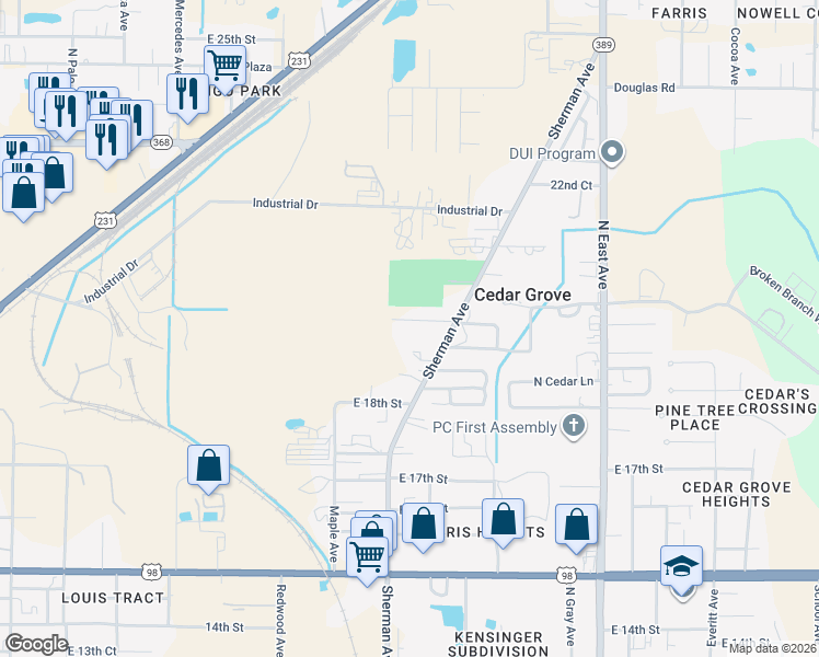 map of restaurants, bars, coffee shops, grocery stores, and more near 2328 East 19th Place in Panama City
