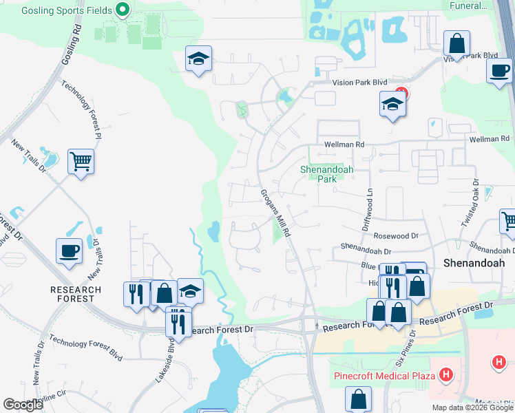 map of restaurants, bars, coffee shops, grocery stores, and more near 130 Zephyr Bend Place in Spring