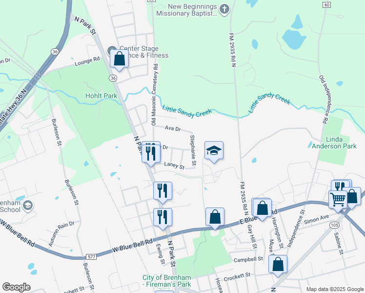 map of restaurants, bars, coffee shops, grocery stores, and more near 1710 Dixon Lane in Brenham