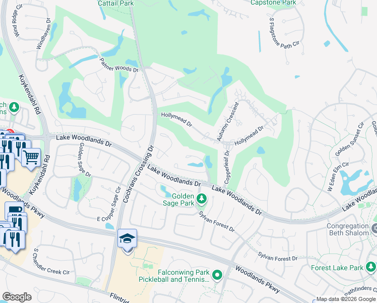 map of restaurants, bars, coffee shops, grocery stores, and more near 38 Somerset Pond Place in Spring