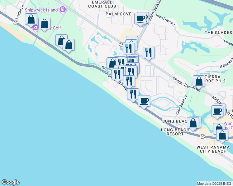 map of restaurants, bars, coffee shops, grocery stores, and more near 11211 Front Beach Road in Panama City Beach