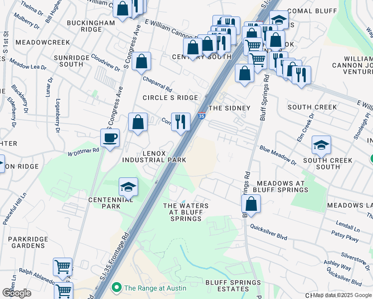 map of restaurants, bars, coffee shops, grocery stores, and more near 7591 North Interstate 35 Frontage Road in Austin