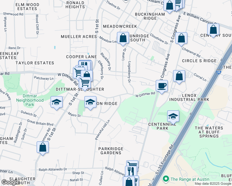 map of restaurants, bars, coffee shops, grocery stores, and more near 406 West Dittmar Road in Austin