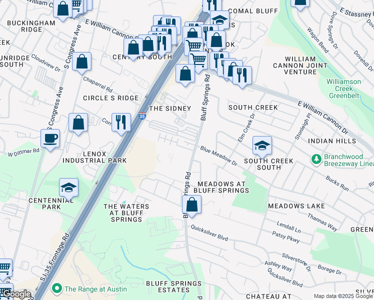 map of restaurants, bars, coffee shops, grocery stores, and more near 7100 Old Lockhart Highway in Austin