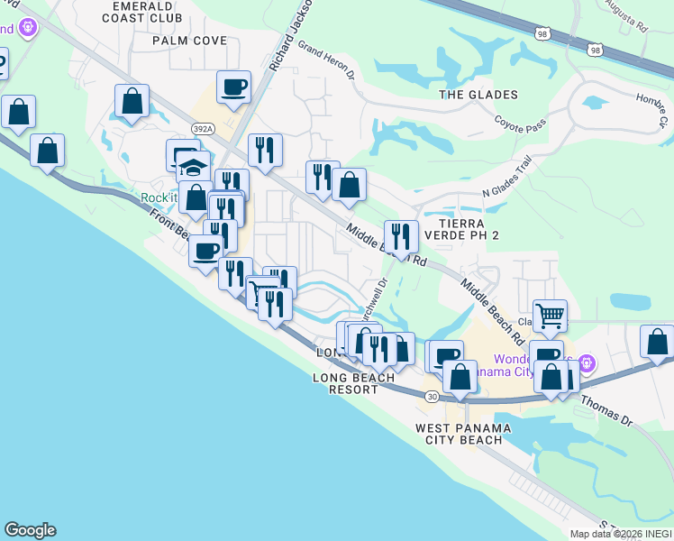 map of restaurants, bars, coffee shops, grocery stores, and more near 174 White Sandy Drive in Panama City Beach