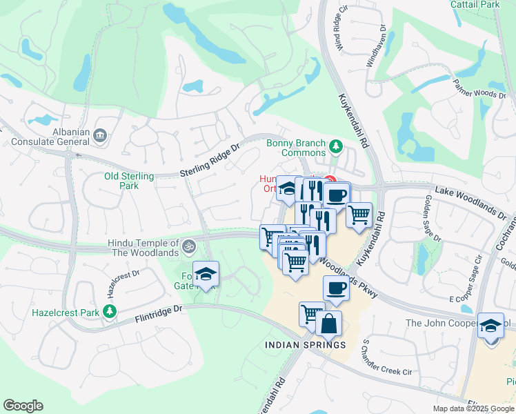 map of restaurants, bars, coffee shops, grocery stores, and more near 6900 Lake Woodlands Drive in The Woodlands